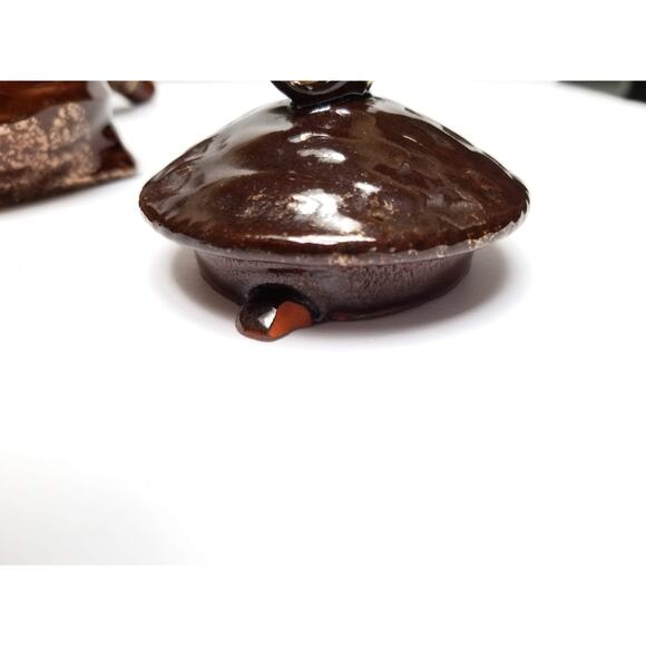 Vintage Teapot Sugar Creamer Set, Wire Handle, Brown Gold Trim, Japan Red Ware - Picture 7 of 7